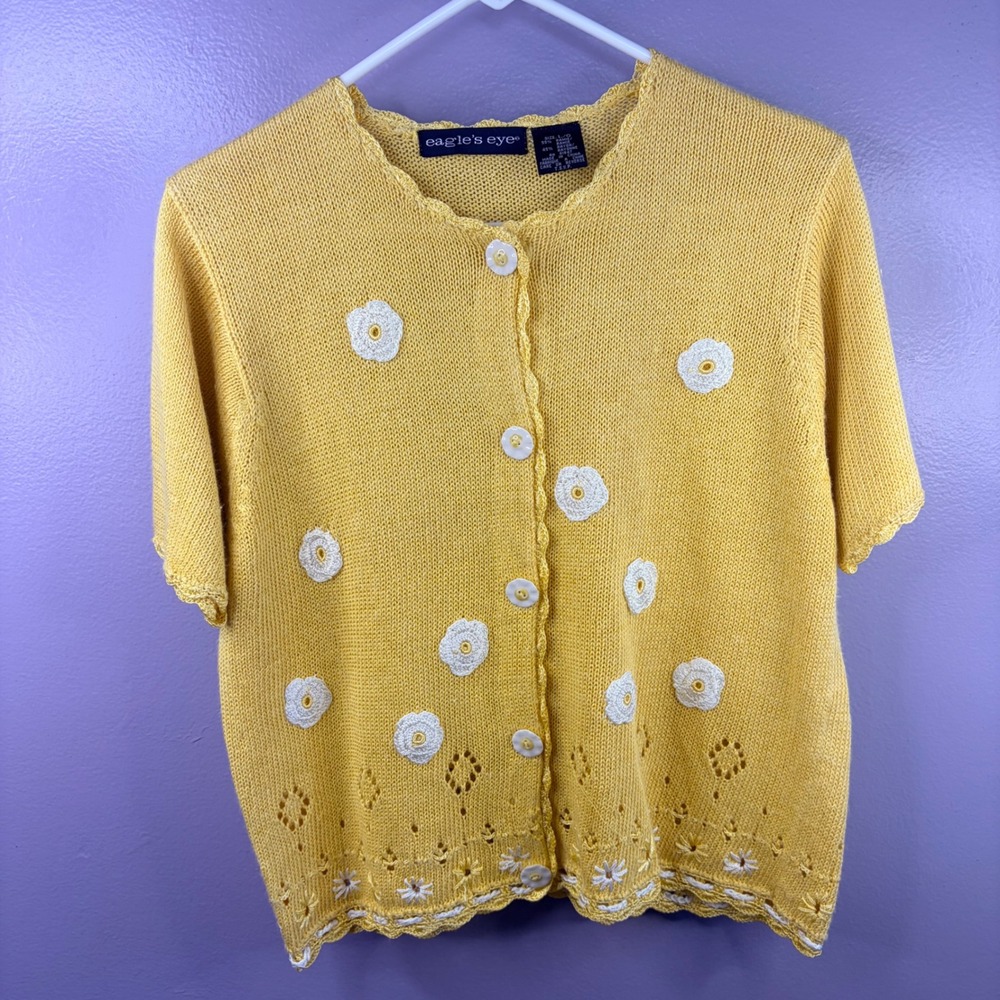 Eagles Eye Vtg Yellow Floral Crochet Cardigan Sweater Floral Daisies Size Large